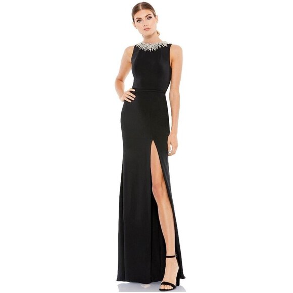 NWT Mac Duggal Sleeveless Rhinestone Collar Column Gown 4 Black - Picture 1 of 8